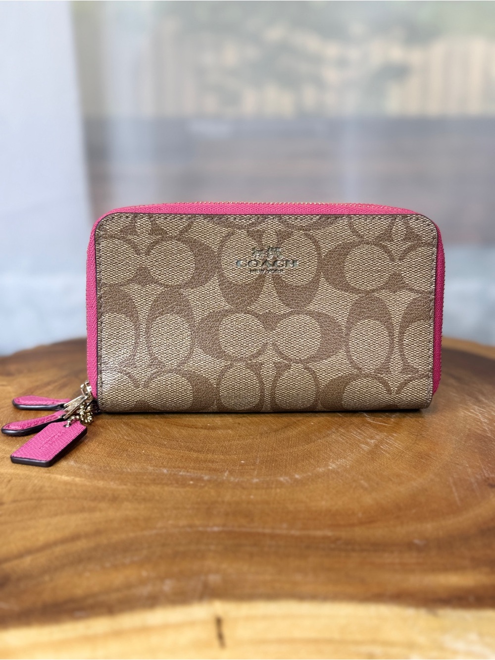 Coach Khaki & Pink Signature Double Zip Phone Wallet Wristlet